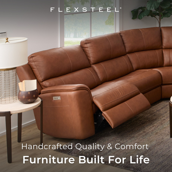 A Flexsteel social media logo featuring a leather sofa 