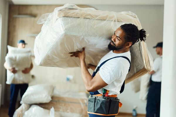 A man carrying a sofa