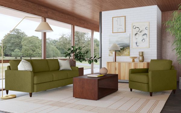 A living room featuring a green Flexsteel sofa and chair 