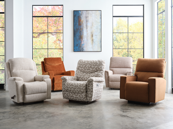 A variety of La-Z-Boy recliners in a living room 