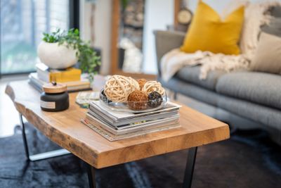 a live edge coffee table with decor