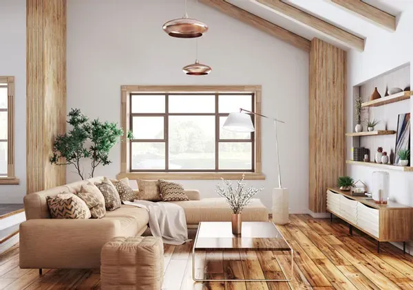 front view of a causal living room with hardwood flooring