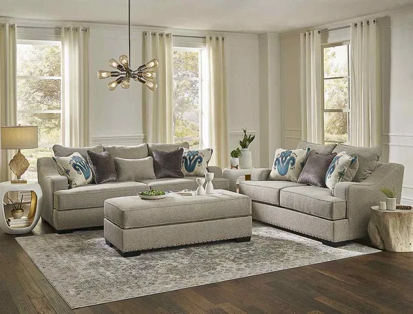 The Michael Nicholas Designs Jayne collection living room set with décor 