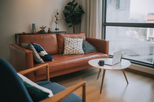 A mid-century modern sofa with décor in a living room 