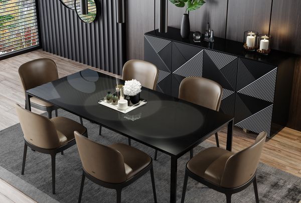 iStock Credit: tulcarion Overhead view of a modern dining room with black and wood furniture