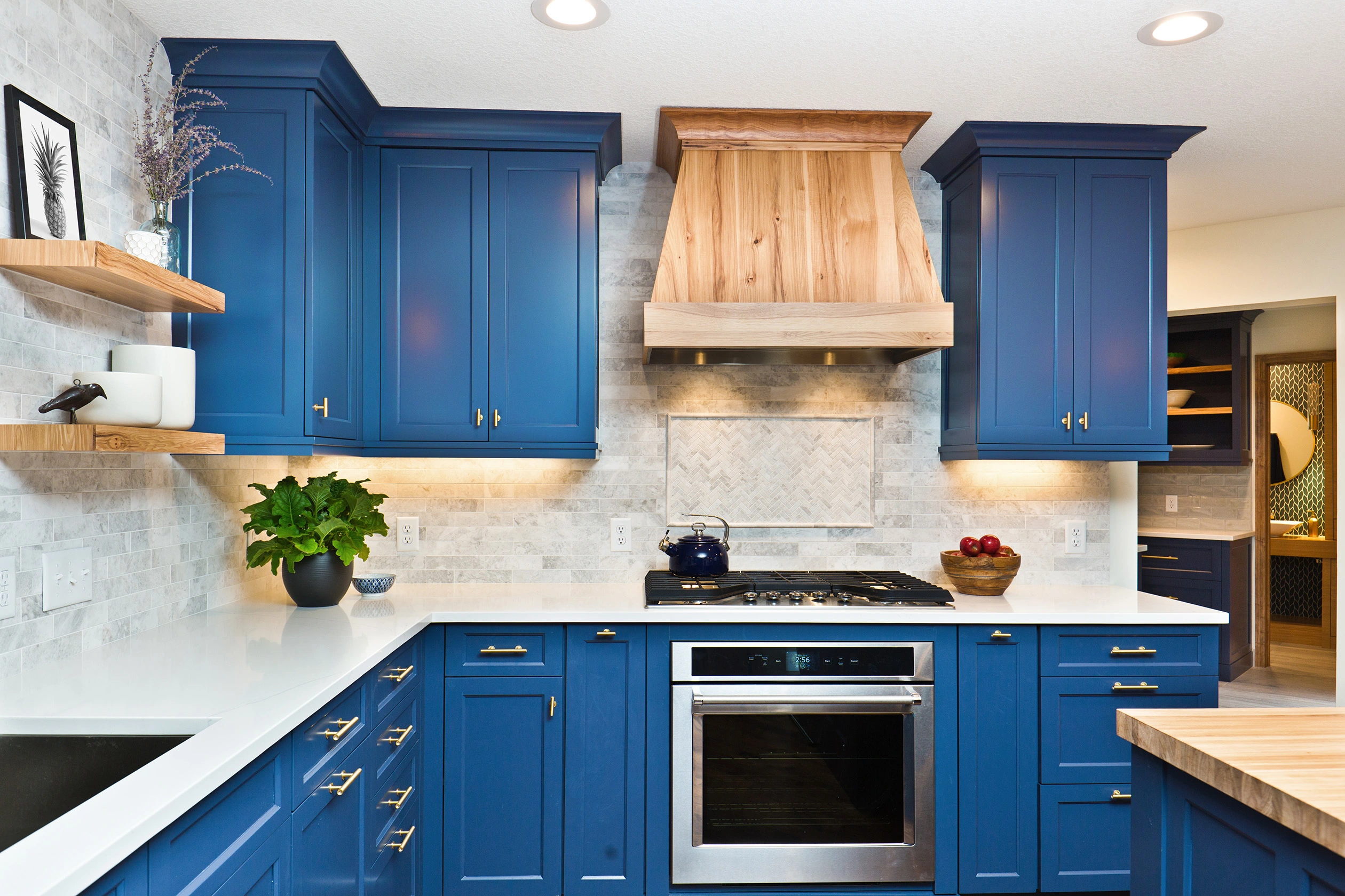 kitchen with blue cabinets