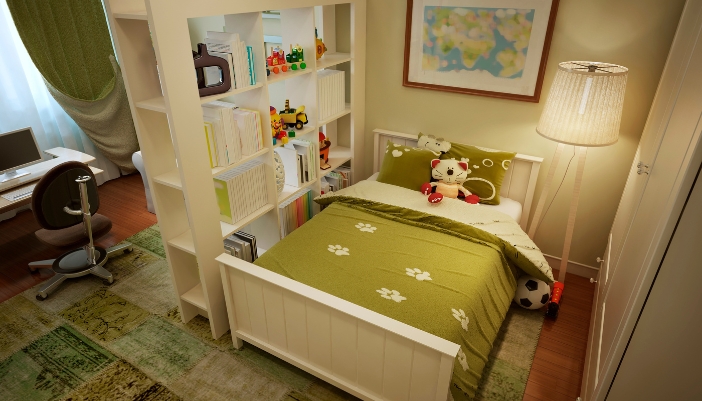 A child’s bedroom and school space separated by a bookcase