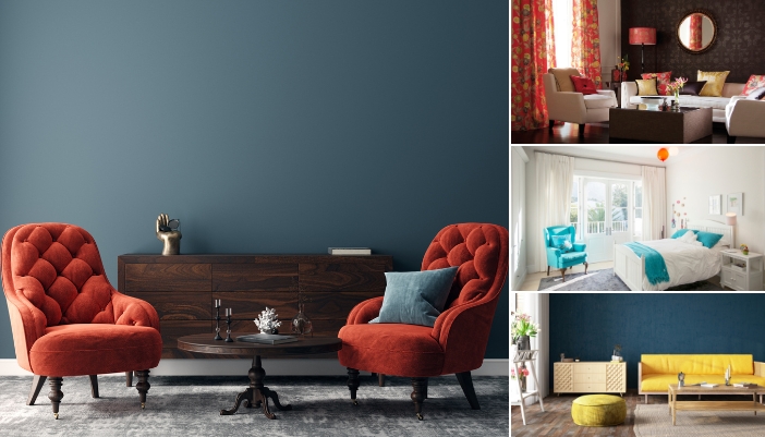 Collage of different rooms with vibrant colors