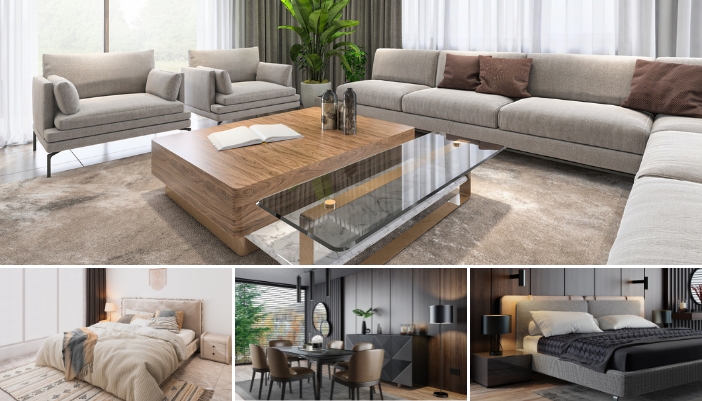 Collage of living room, bedrooms, and a dining room using different texture and materials in their interior design