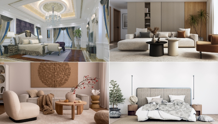 Collage of different bedrooms and living rooms with rounded furniture