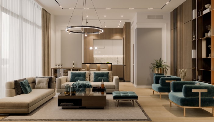 Stylish apartment with velvet furnishings, storage furniture, and curved furniture