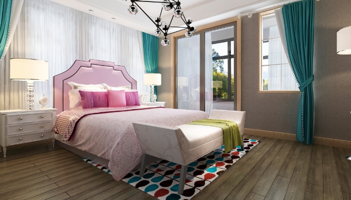  A stylish bedroom with bold furniture, textiles, and a rug