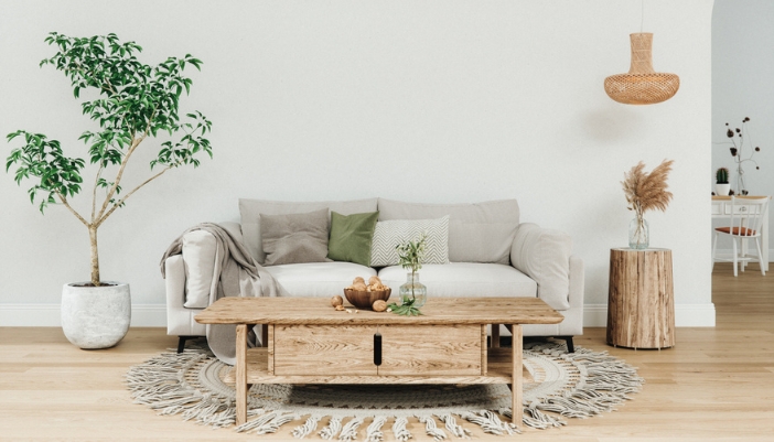 A gray sofa sits in front of a white wall. Wooden accented furniture and plants are in the room as well.