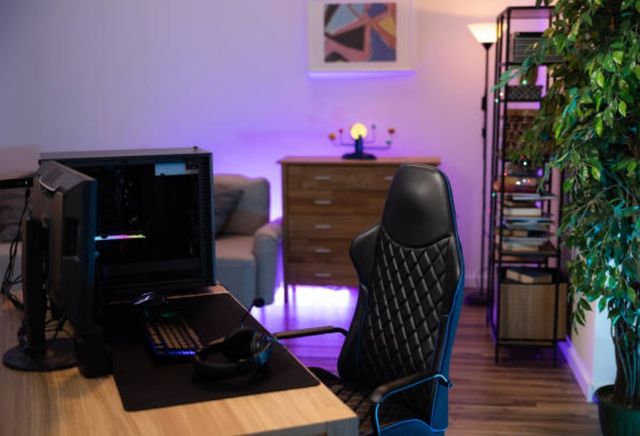 side view of a modern game room with a desk, computer, PC, and desk chair in the foreground, and shelving, a storage dresser, and a couch in the background