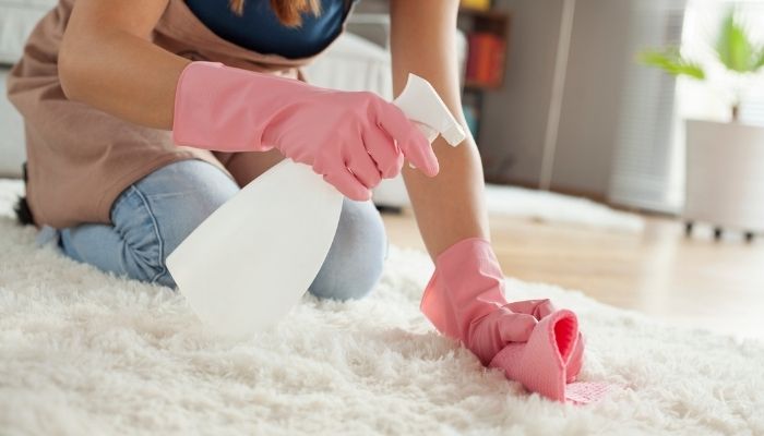 Woman kneeling on white shag rug with pick gloves and a spray bottle