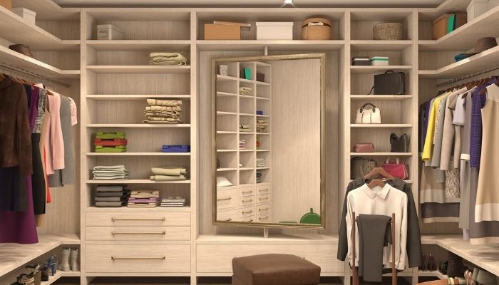 closet system with mirror in center