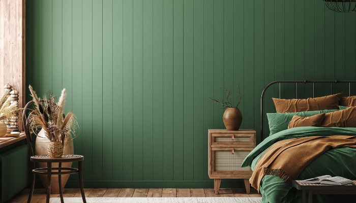 Farmhouse chic designed bedroom with more pops of color