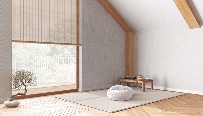 A calm, neutral, well-lit meditation room at home.