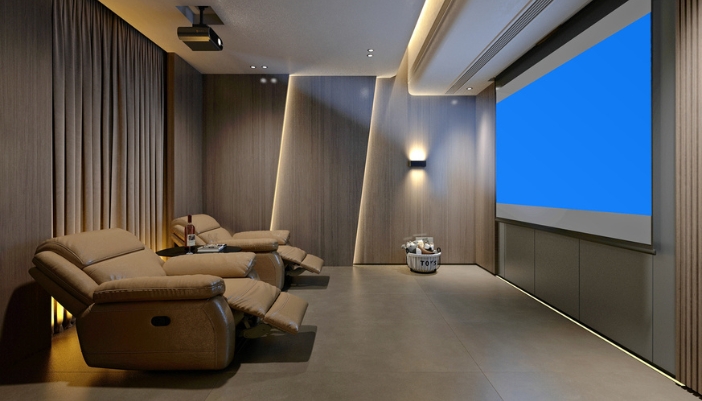 A modern theater room at home with reclining chairs.