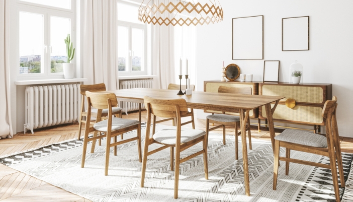 A Scandinavian inspired dining room with wooden and white accents.