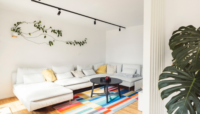 A colorful rug on the floor of a neutral living room.