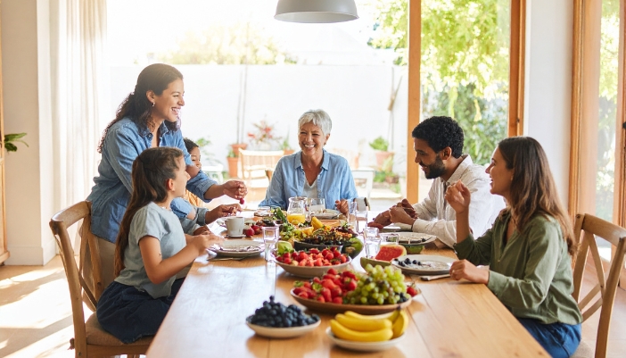 A family sits together and enjoys a meal at home.