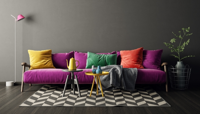 Colorful sofa with colorful throw pillows