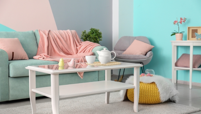 Colorful living room with multiple-colored walls