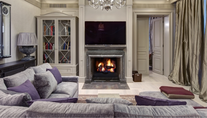 Living room with furniture placed across from TV