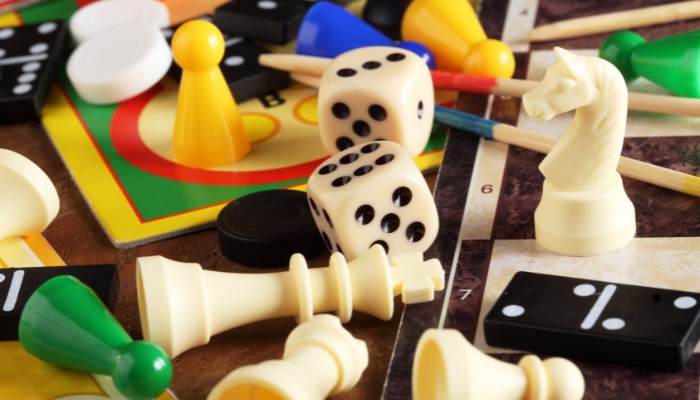 Closeup of jumbled mess of gaming pieces
