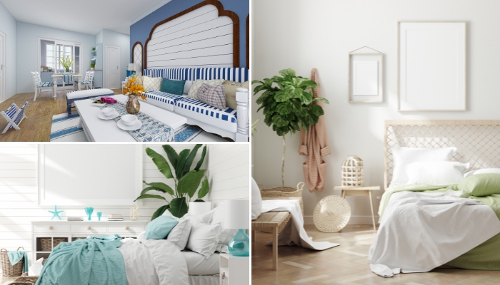 Collage of rooms with coastal furniture