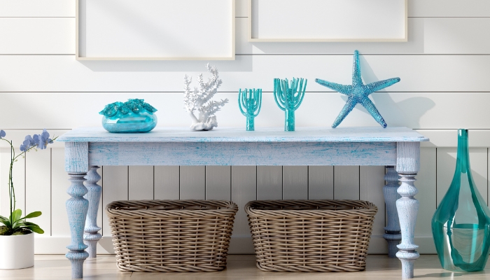 Coastal décor on a side table