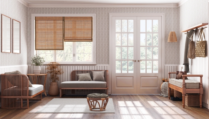An entryway with a cohesive style, including the bench