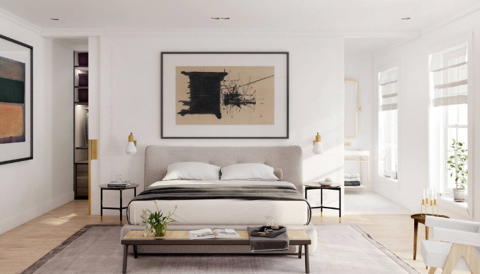 A sophisticated bedroom with mixed styles