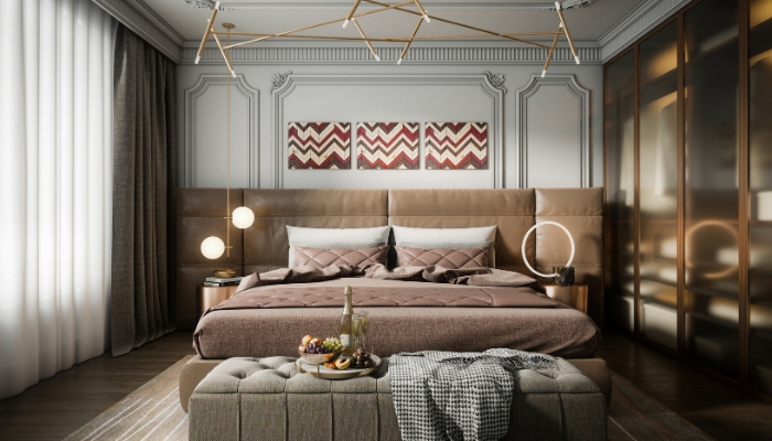 Bedroom with mixed materials but matching nightstands