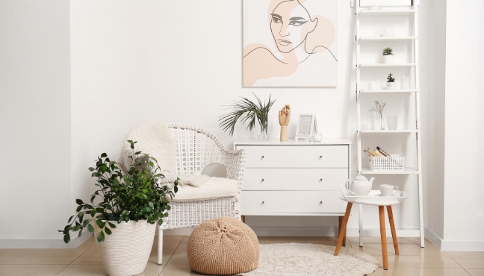 Cluttered corner of the living room with several accessories