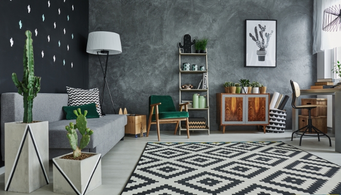 Living room with furniture against the walls