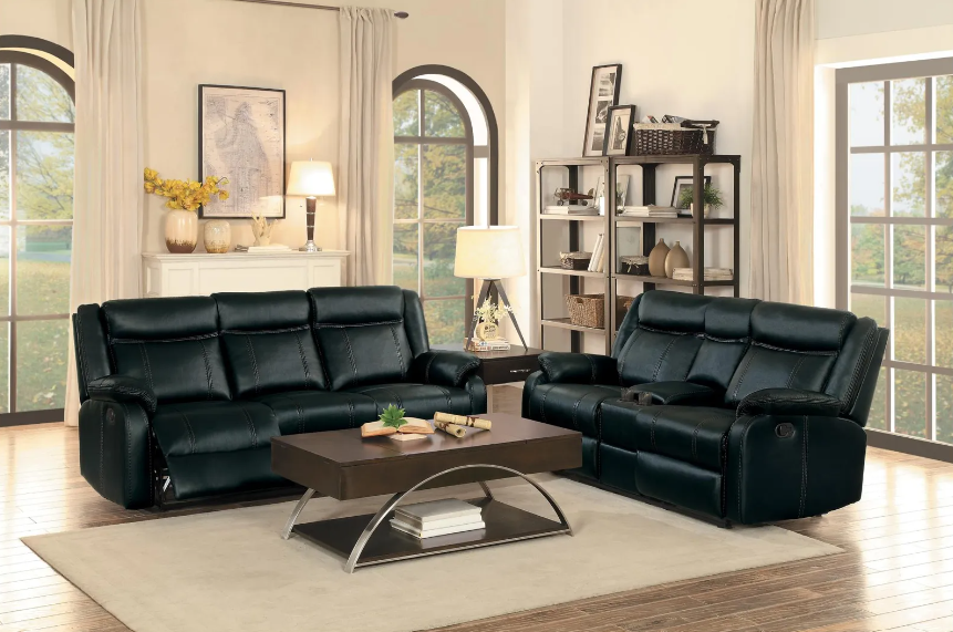 living room with black recliner sofa 