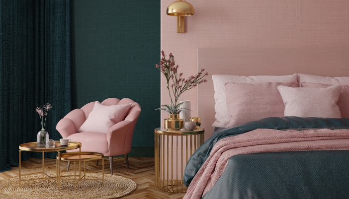 A bedroom full of layers and gold accents, full of balanced maximalism