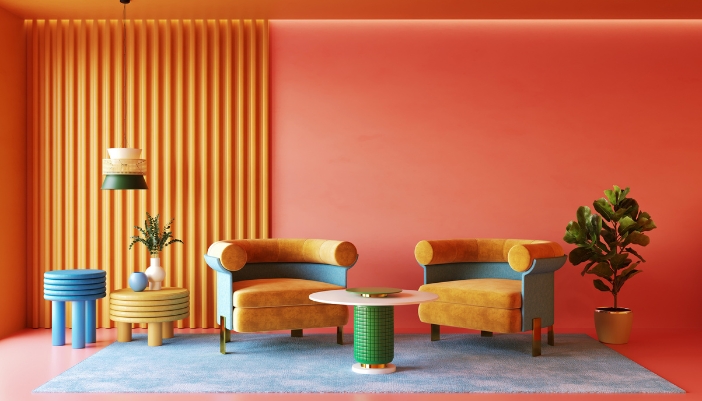 A retro-inspired sitting room with velvet chairs