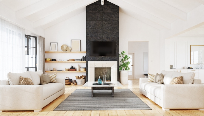 A living room with a fireplace as a focal point