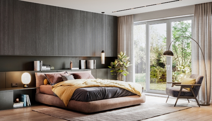 An upholstered bed with high-quality fabric