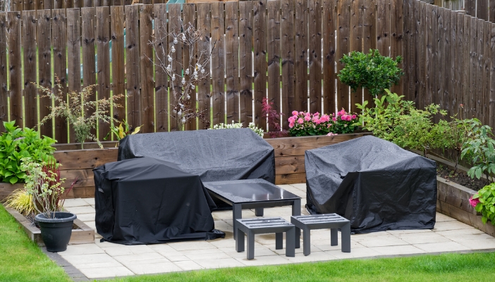 A covered patio set, protected from the elements