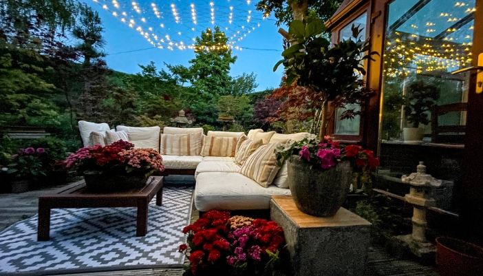 A cozy backyard patio space with lights, plants, and a rug