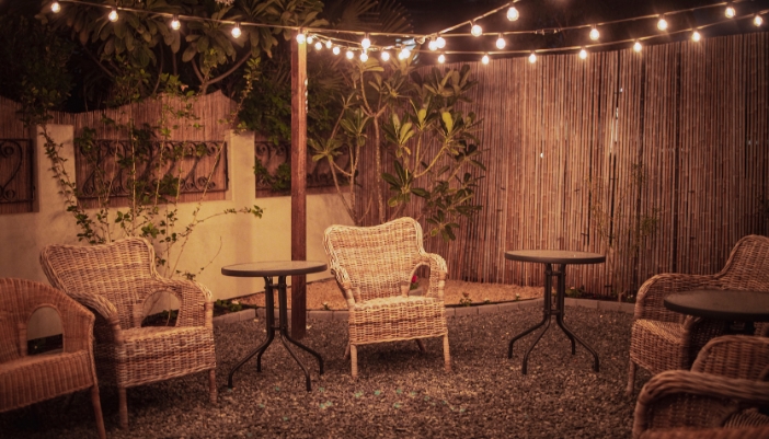 A back patio with string lights