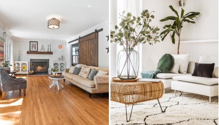 Side by side image comparing a rustic living room style with a modern living room style.