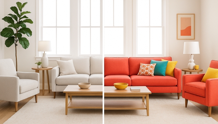 A side-by-side image of a living room – one side is done in neutral colors and the other is accented with bold colors.