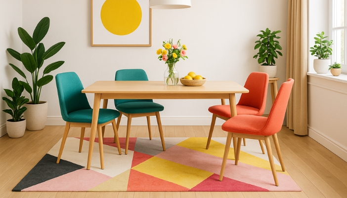 A dining room with bold color chairs, artwork, and rug.