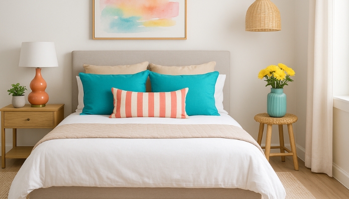 A bedroom with bold throw pillows, lamps, and wall art.