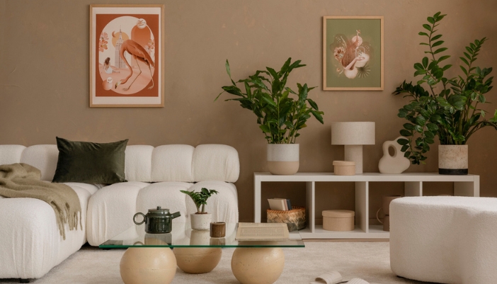 A natural, warm living room with lots of plants and floral wall art.